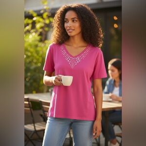 Stylish Pink V-Neck Tee with Detailing